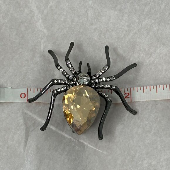 Champagne Crystal Spider Pin Brooch Amber Rhodium Plated Brass 2" Gothic Emo‎ - Picture 5 of 7